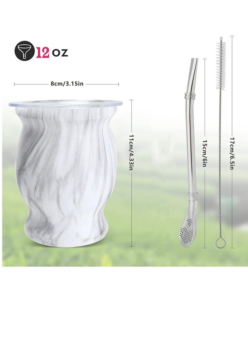 Stainless Steel Yerba Mate Tea Cup Double Walled Insulation with Bombilla Straw and Cleaning Brush 230 ML Gourd Marble Design