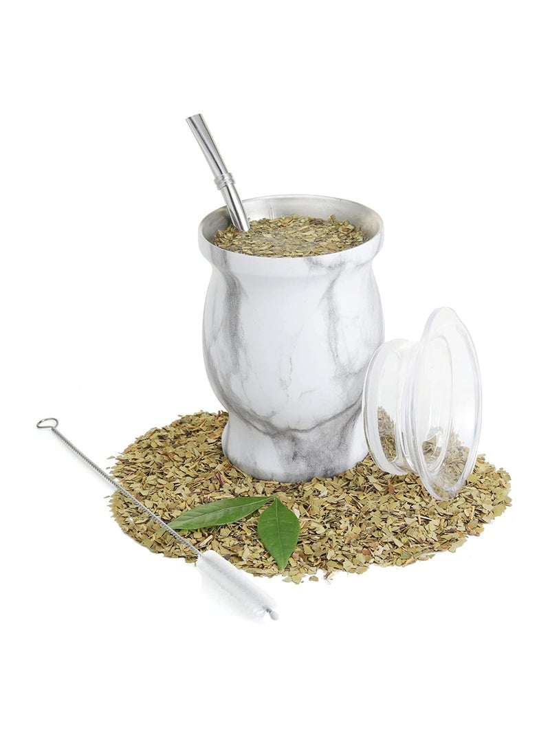 Stainless Steel Yerba Mate Tea Cup Double Walled Insulation with Bombilla Straw and Cleaning Brush 230 ML Gourd Marble Design