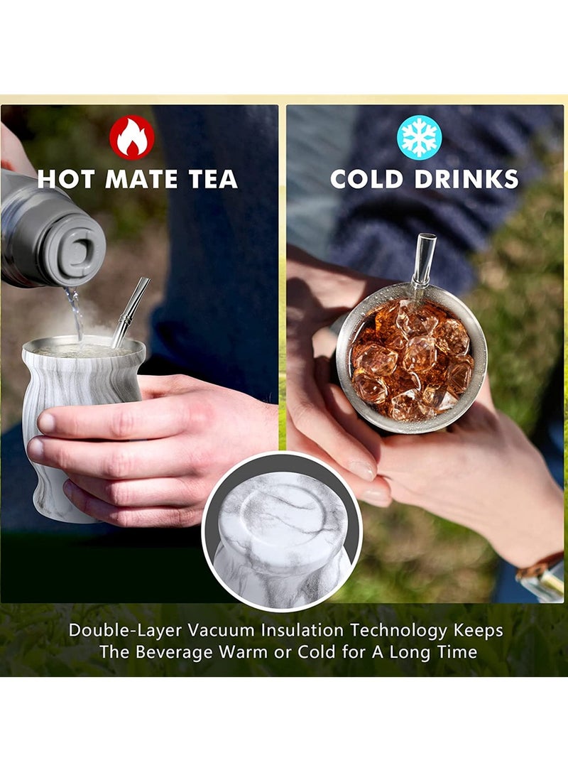 Stainless Steel Yerba Mate Tea Cup Double Walled Insulation with Bombilla Straw and Cleaning Brush 230 ML Gourd Marble Design