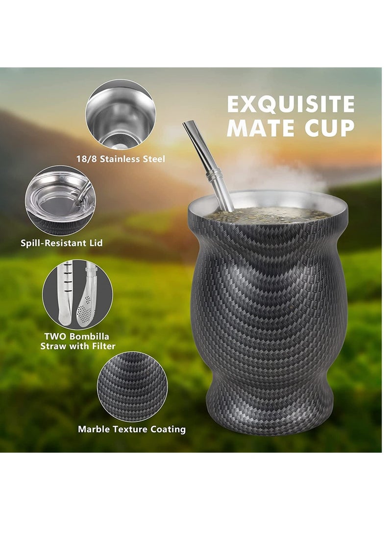 Stainless Steel Yerba Mate Tea Cup with Double Wall Insulation Includes Bombilla Straw and Cleaning Brush Suitable for Loose Leaf Drinking 230ML Black