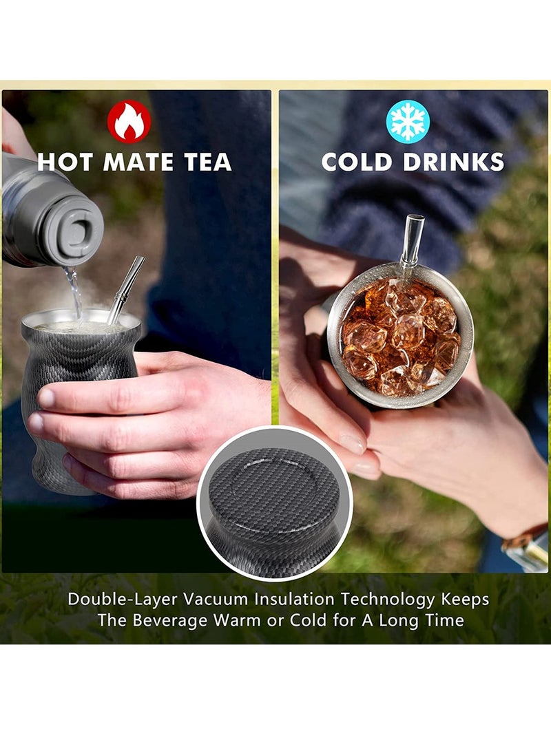 Stainless Steel Yerba Mate Tea Cup with Double Wall Insulation Includes Bombilla Straw and Cleaning Brush Suitable for Loose Leaf Drinking 230ML Black