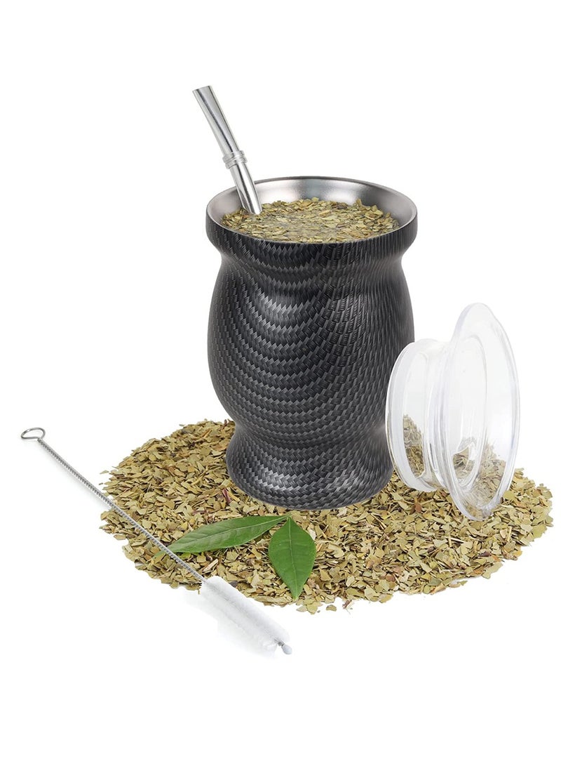 Stainless Steel Yerba Mate Tea Cup with Double Wall Insulation Includes Bombilla Straw and Cleaning Brush Suitable for Loose Leaf Drinking 230ML Black