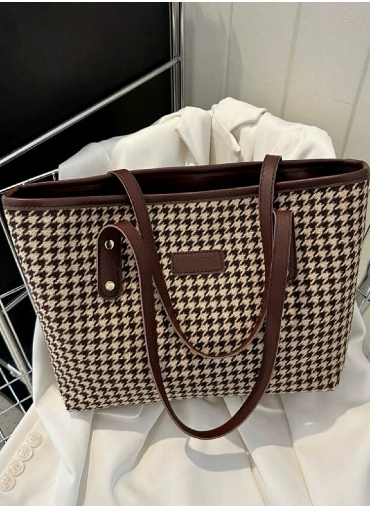 Women's Fashion Large Capacity Plaid Casual Tote Bag and Fashion Metal Sunglasses 2-Piece Set