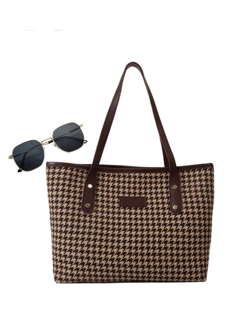 Women's Fashion Large Capacity Plaid Casual Tote Bag and Fashion Metal Sunglasses 2-Piece Set