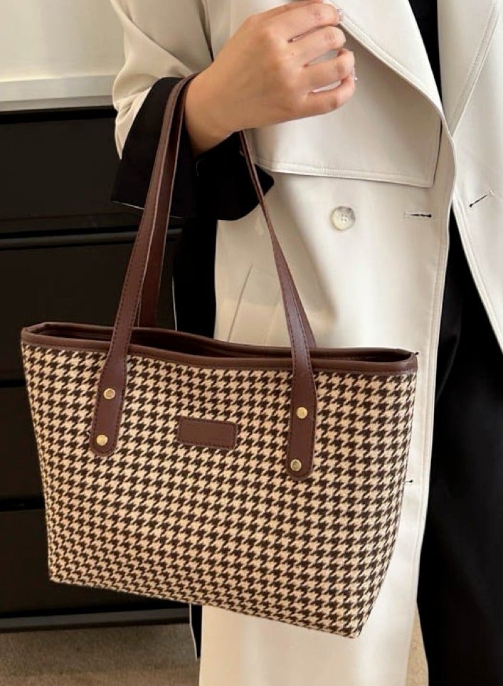 Women's Fashion Large Capacity Plaid Casual Tote Bag and Fashion Metal Sunglasses 2-Piece Set