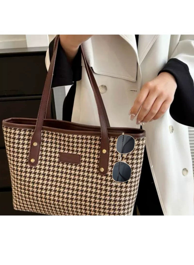 Women's Fashion Large Capacity Plaid Casual Tote Bag and Fashion Metal Sunglasses 2-Piece Set