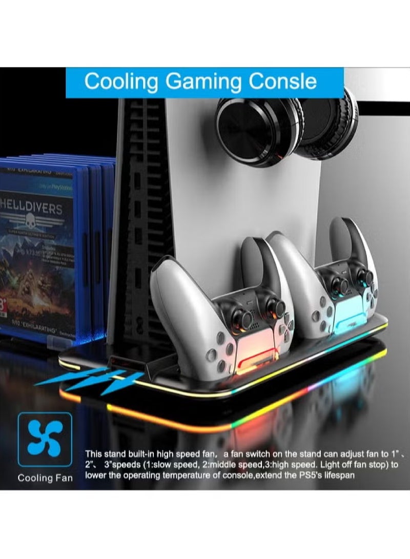 PS5 Stand and Cooling Station with Dual Controller Charging Station for PlayStation 5 Console, PS5 Accessories Incl. Controller Charger, Cooling fan, Headset holder (Fit 2023 PS5 -Fat-normal Versions)