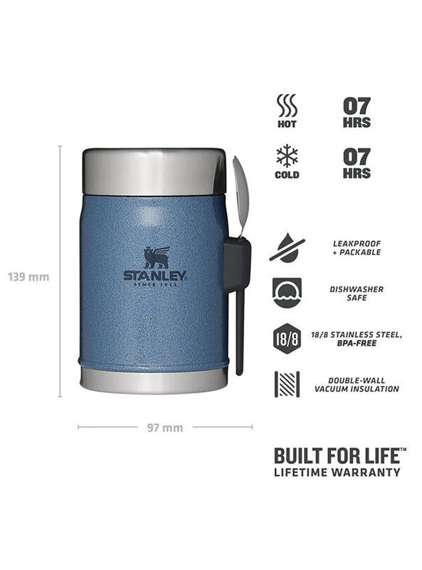 Stanley Classic Legendary Food Jar 0.4L / 14 OZ Hammertone Lake with spork â€“ BPA FREE Stainless Steel Food Thermos | Keeps Cold or Hot for 7 Hours | Leakproof | Lifetime Warranty | Dishwasher safe