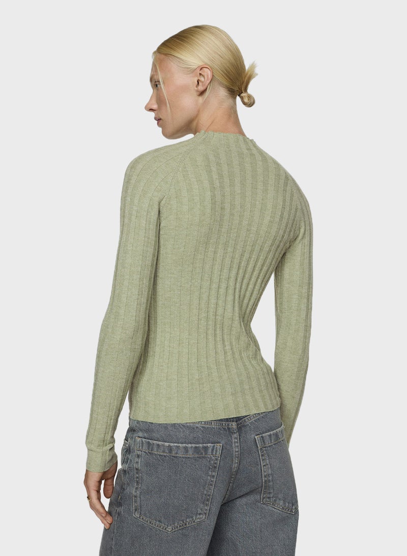 High Collar Ribbed Knit Sweater