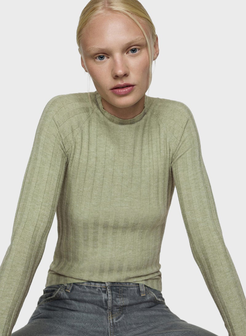 High Collar Ribbed Knit Sweater