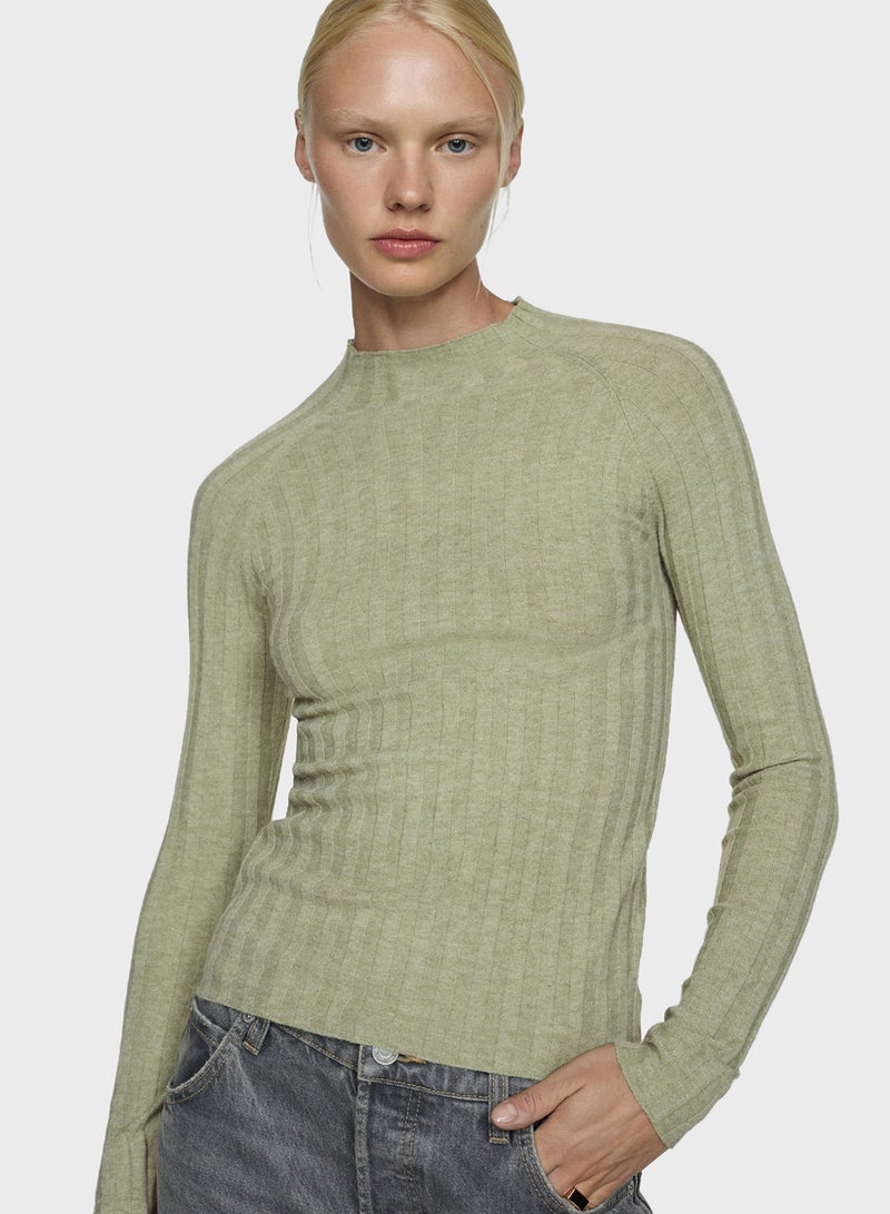 High Collar Ribbed Knit Sweater