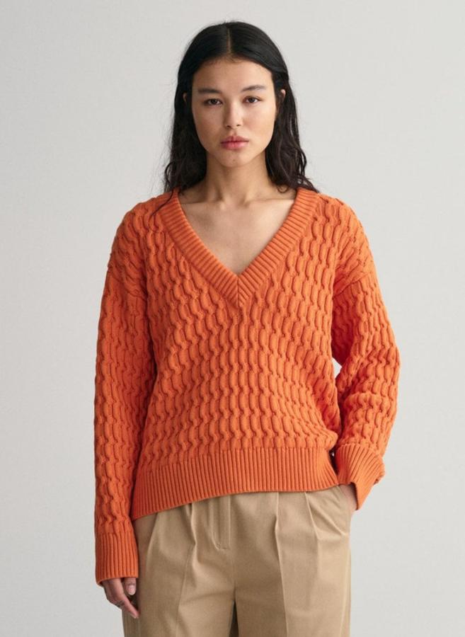 Textured Cotton V-Neck Sweater