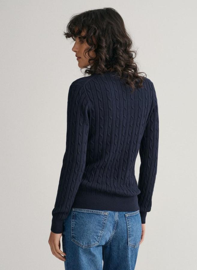 Stretch Cotton Cable Knit V-Neck Sweater