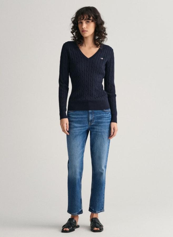 Stretch Cotton Cable Knit V-Neck Sweater