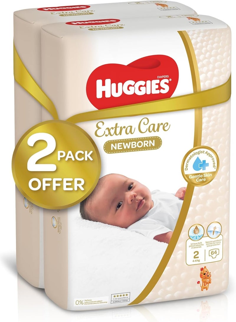 Huggies Extra Care Newborn, Size 2, 4 - 6 kg, Twin Jumbo Pack, 128 Diapers