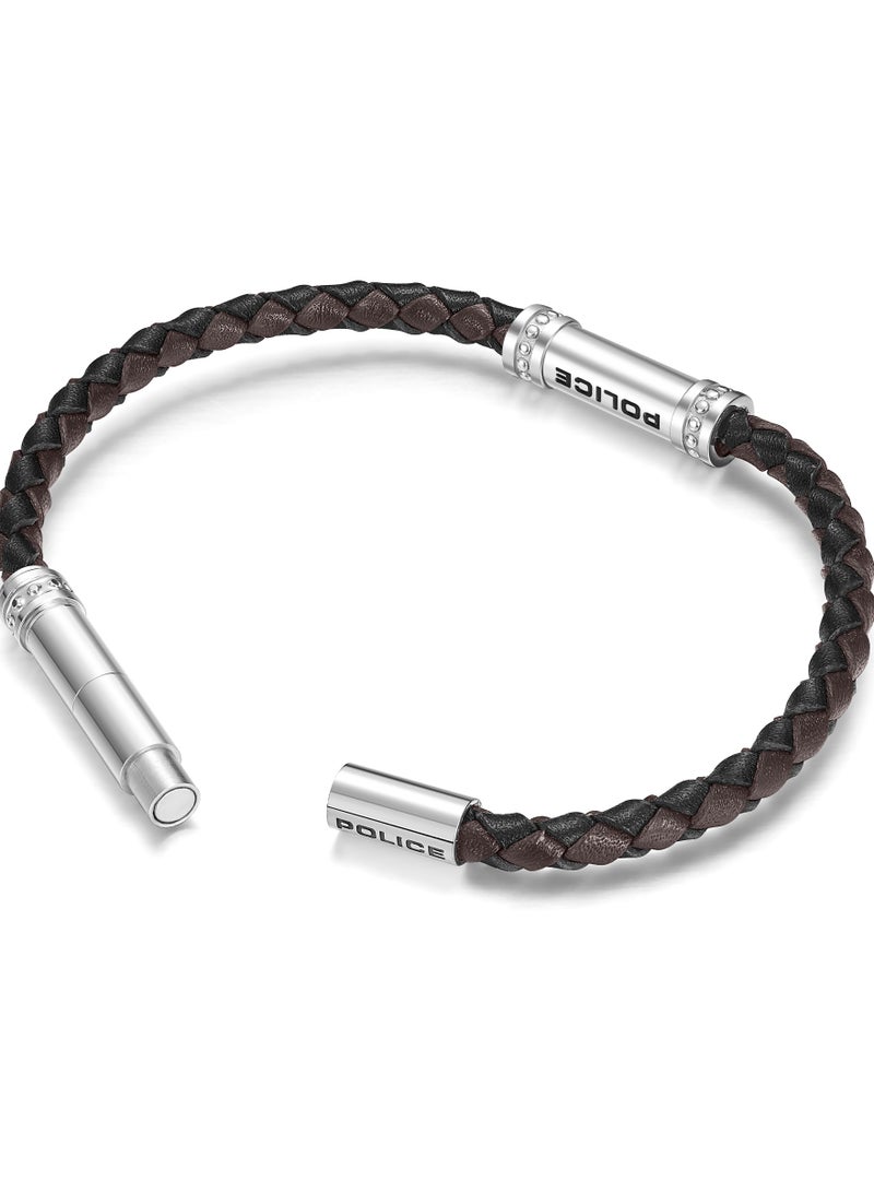 Police Barrell Black/Brown Leather Stainless Steel Gents Bracelet