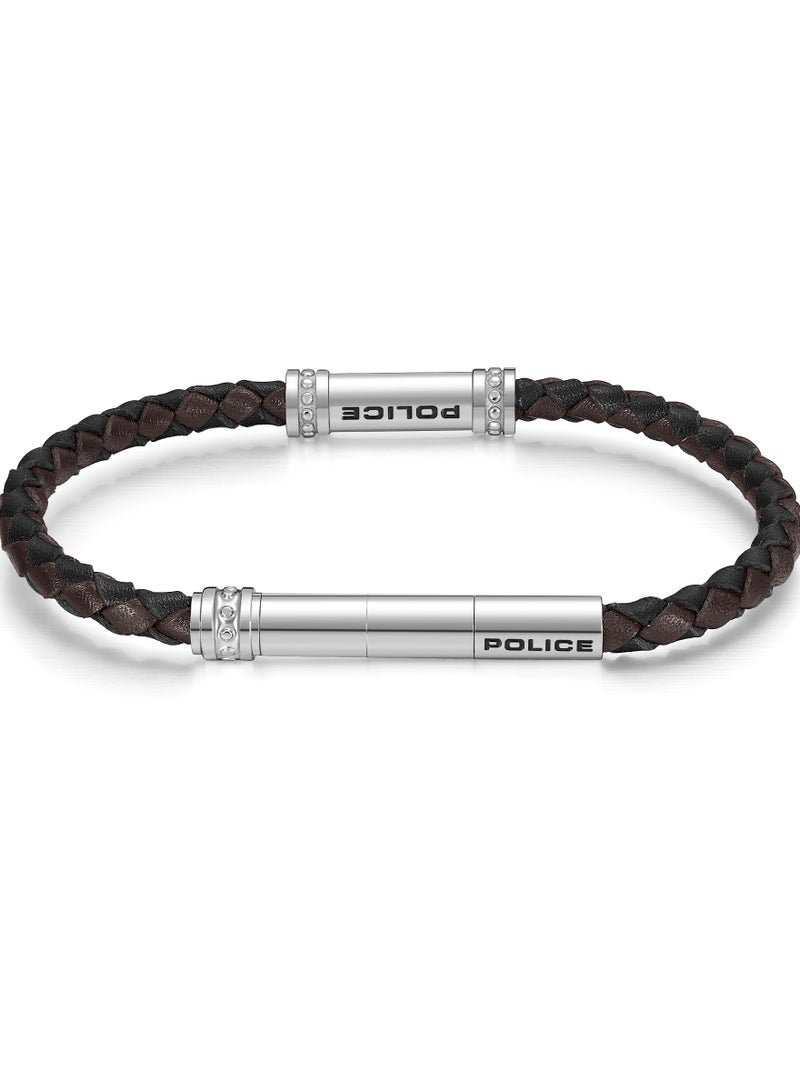 Police Barrell Black/Brown Leather Stainless Steel Gents Bracelet