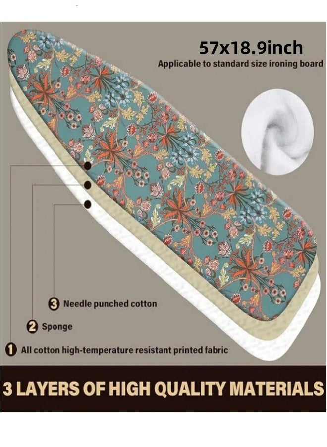 Easy Installation 57.8''x18.9'' Ironing Board Cover - Elastic Edge, Applicable Standard Size Iron Board Cover, Stain Resistant, Setup for Effortless Ironing Experience--Green flower