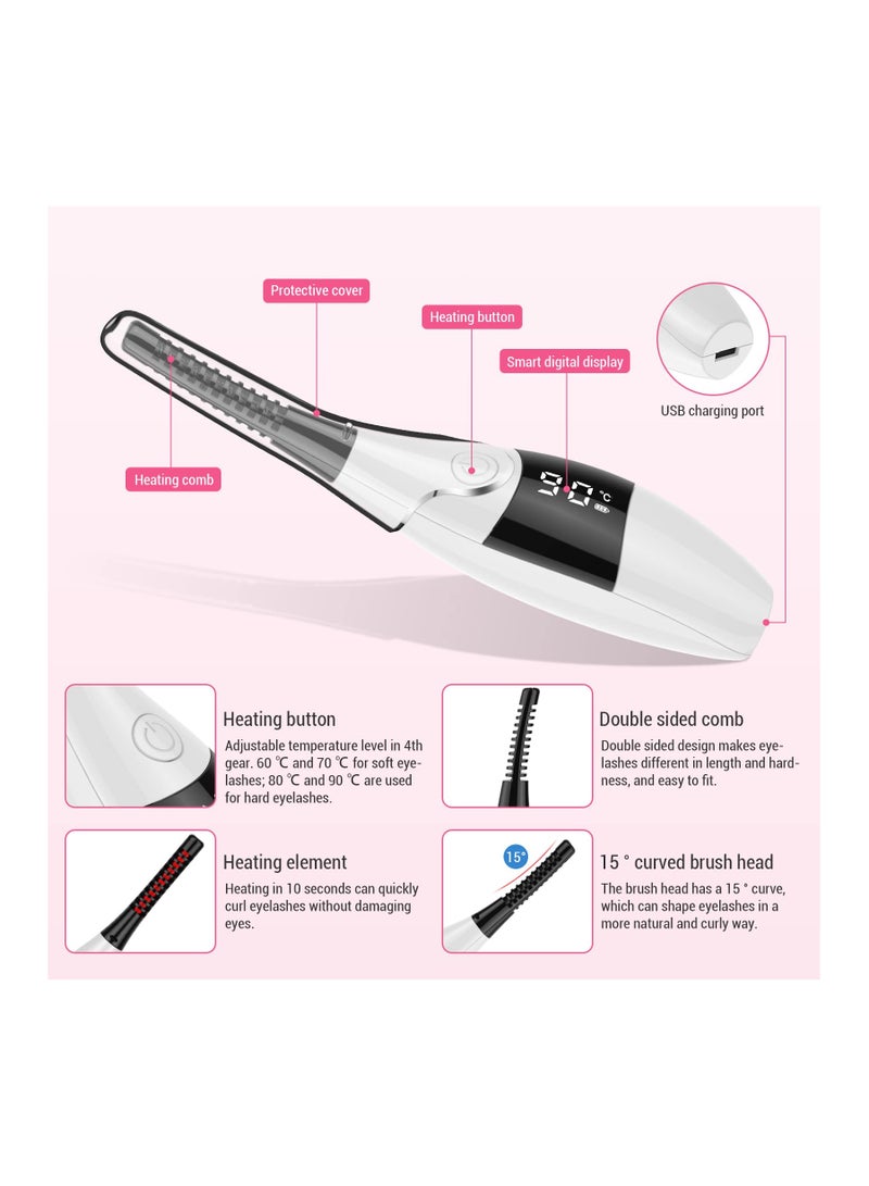Premium Heated Eyelash Curlers, Eyelash Curler Heated Lash Curler for Women Natural Eye Lash Curler Makeup Tool, 4 Temperature Adjustable & USB Rechargeable, 24 Hours Long Lasting (White)