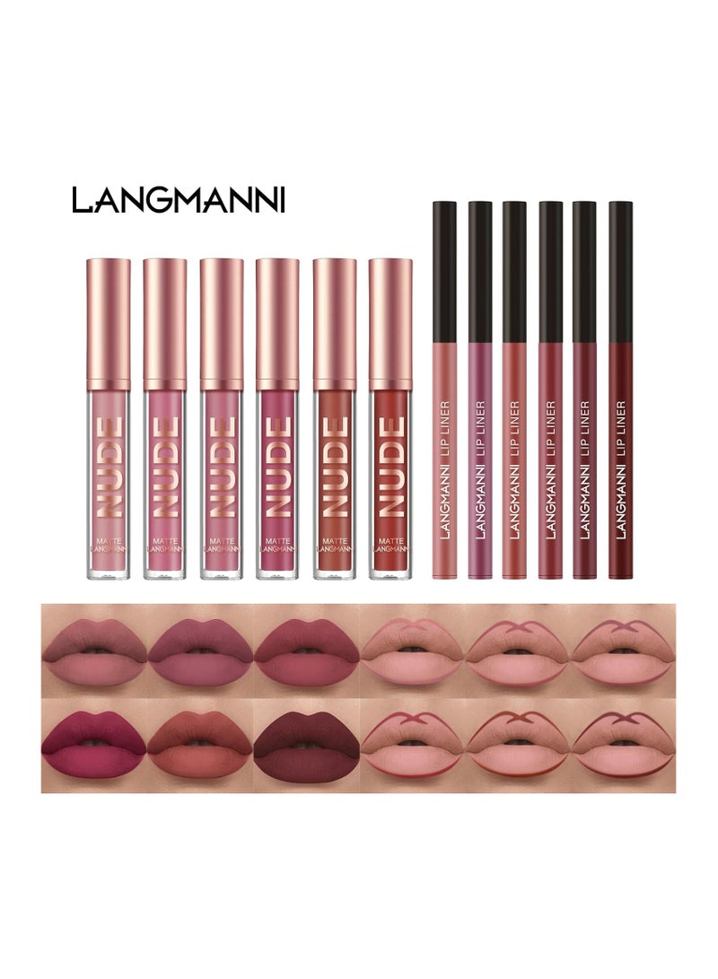 Langmanni 6+6 Cross-border Makeup Lipstick and Lip Liner Combo 12-Piece Set, Non-stick Cup Matte Lip Gloss Set - Super Popular!