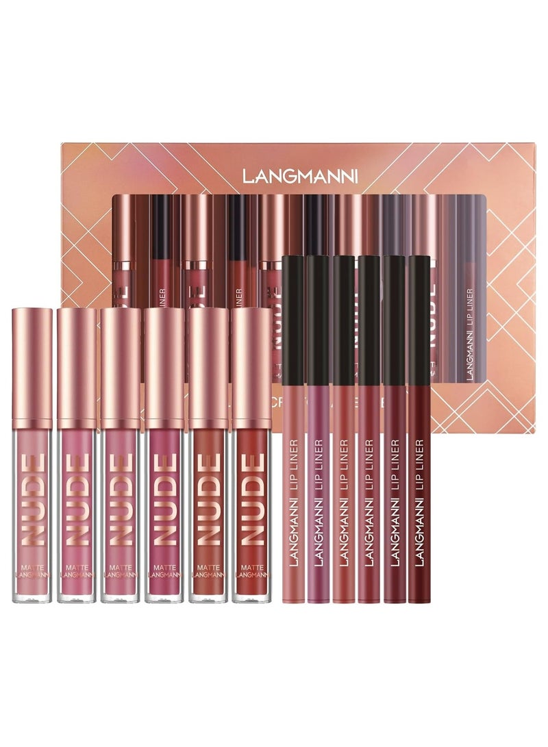 Langmanni 6+6 Cross-border Makeup Lipstick and Lip Liner Combo 12-Piece Set, Non-stick Cup Matte Lip Gloss Set - Super Popular!