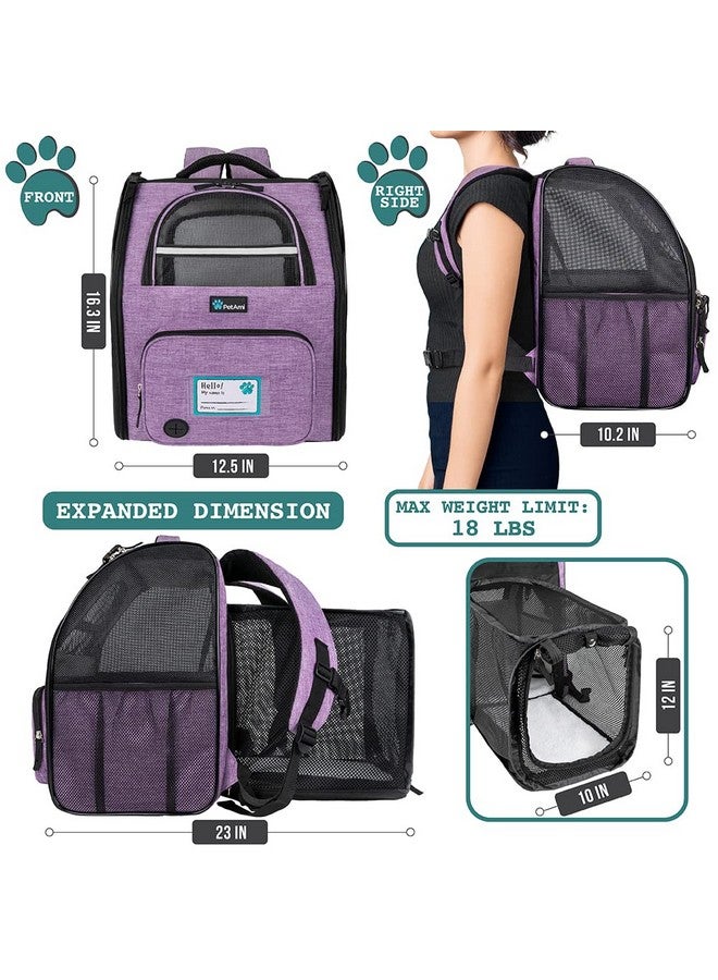 Dog Cat Backpack Carrier, Expandable Pet Carrier Backpack For Travel Hiking, Small Medium Dog Puppy Large Cat Carrying Backpack, Airline Approved Ventilated Soft Back Support, 18 Lbs, Purple