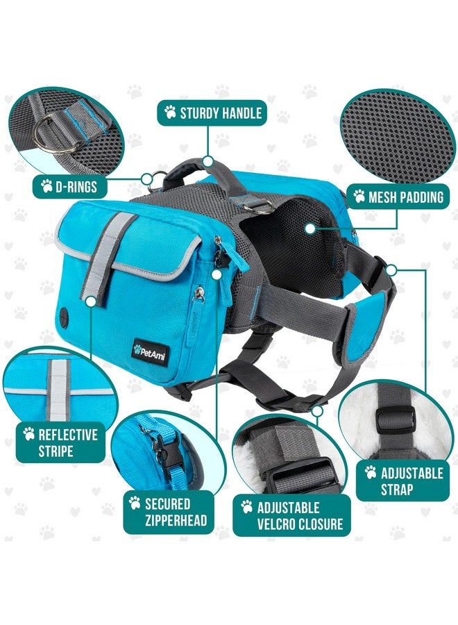 Dog Backpack For Medium Large Dogs, Dog Saddle Bag For Dogs To Wear, Harness Saddlebag With Reflective Safety Side Pockets For Hiking, Camping, Vest Dog Pack For Travel (Blue, Medium)