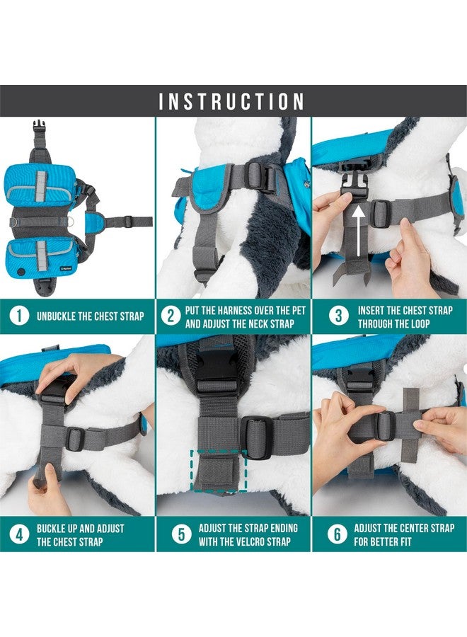 Dog Backpack For Medium Large Dogs, Dog Saddle Bag For Dogs To Wear, Harness Saddlebag With Reflective Safety Side Pockets For Hiking, Camping, Vest Dog Pack For Travel (Blue, Medium)