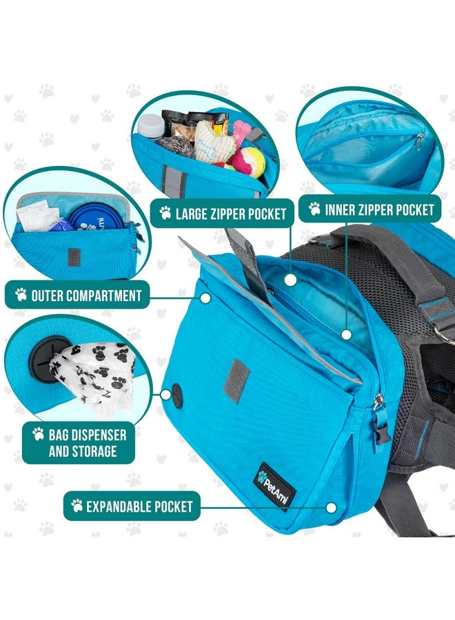 Dog Backpack For Medium Large Dogs, Dog Saddle Bag For Dogs To Wear, Harness Saddlebag With Reflective Safety Side Pockets For Hiking, Camping, Vest Dog Pack For Travel (Blue, Medium)
