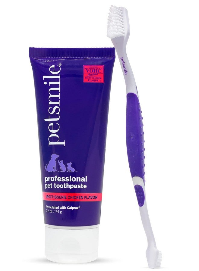 Professional Pet Tooth Brushing Kit  Cat & Dog Toothbrush & Toothpaste  Control Plaque, Tartar & Bad Breath  Vohc Accepted Toothpaste  Teeth Cleaning Supplies (Rotisserie Chicken, 2.5 Oz)