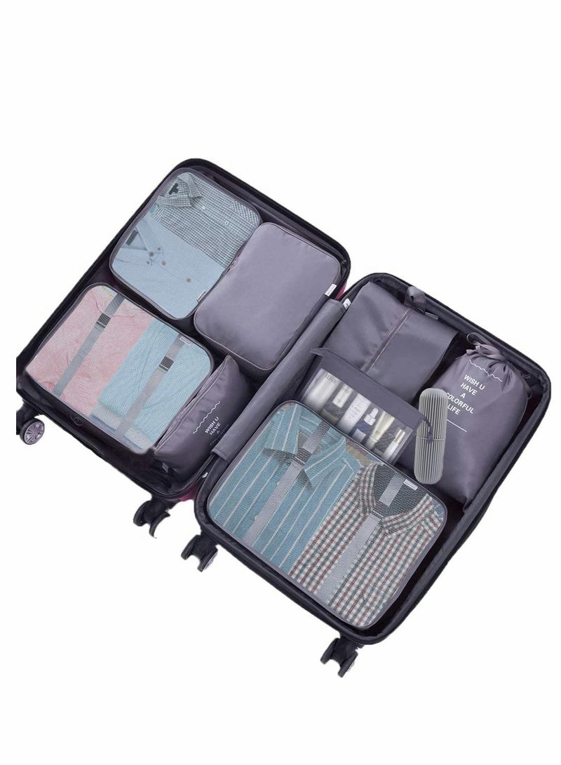 Travel Packing Cubes Set 9pcs Waterproof Luggage Organizers for Clothes Shoes Toiletries in Grey Color