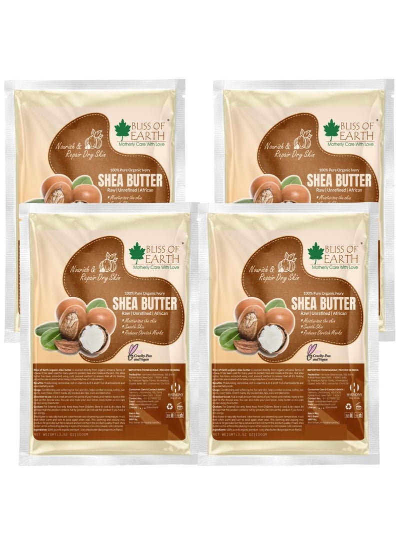 BLISS OF EARTH Pure Organic Ivory Shea Butter Refill Pack 100gm Raw Shea Butter For Stretch Marks Unrefined African Great For Face Skin Body Lips DIY products Pack of 4