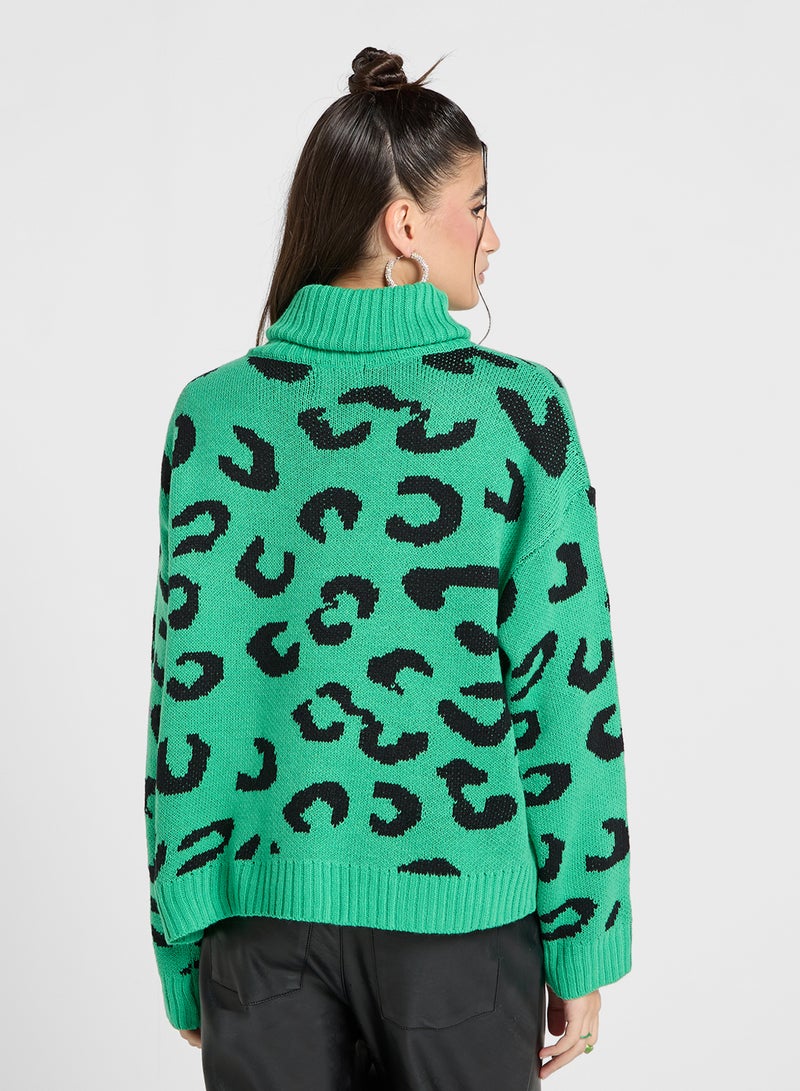 Leopard Print High Neck Sweater