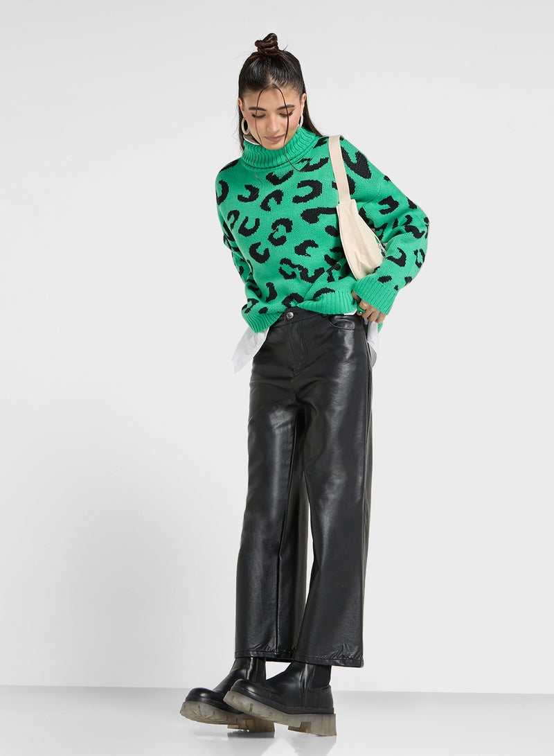 Leopard Print High Neck Sweater