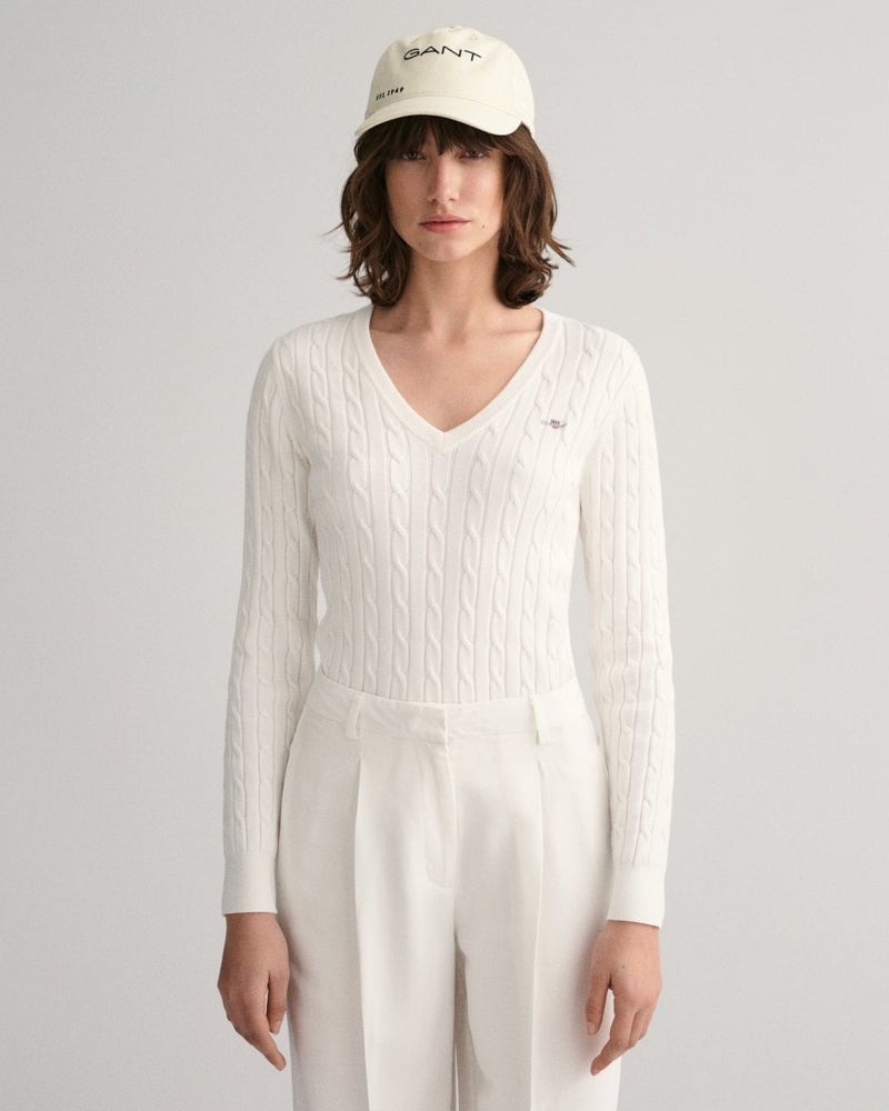 Gant Stretch Cotton Cable Knit V-Neck Sweater