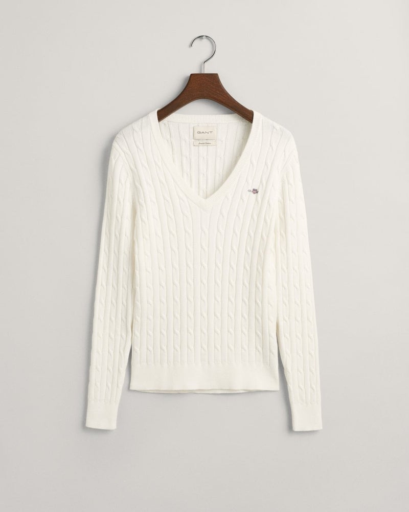 Gant Stretch Cotton Cable Knit V-Neck Sweater