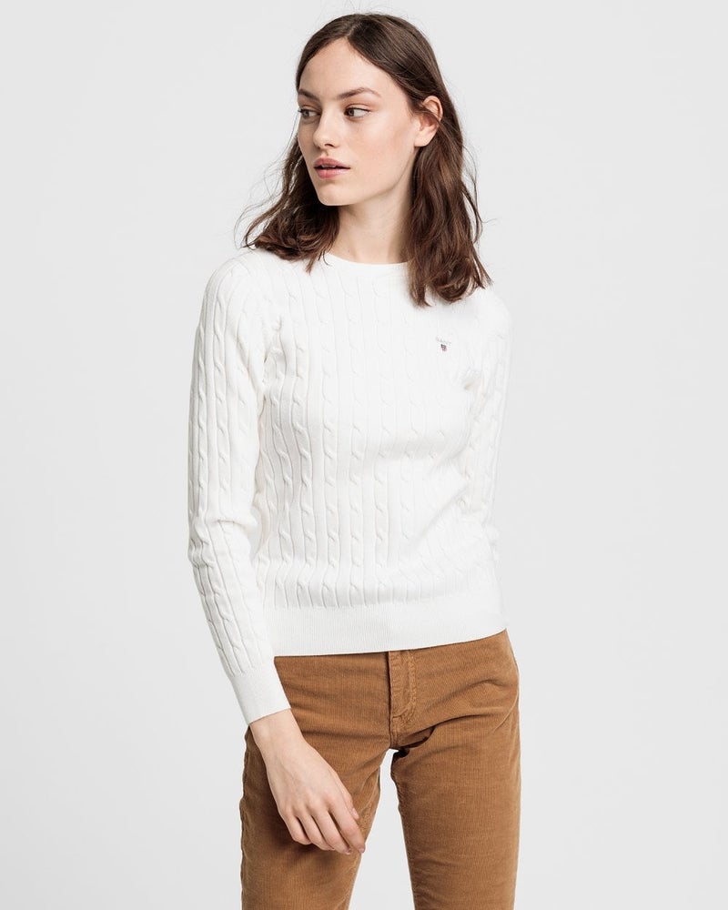 Gant Stretch Cotton Cable Knit Crew Neck Sweater