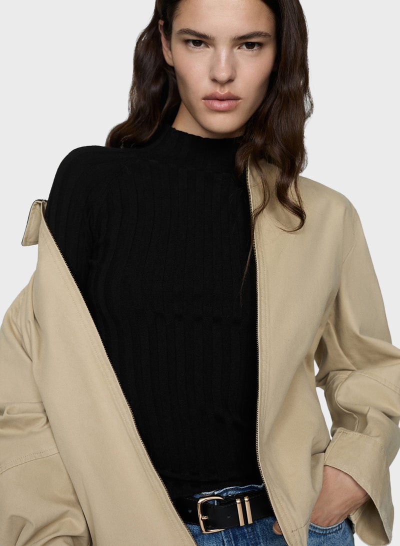 High Collar Ribbed Knit Sweater