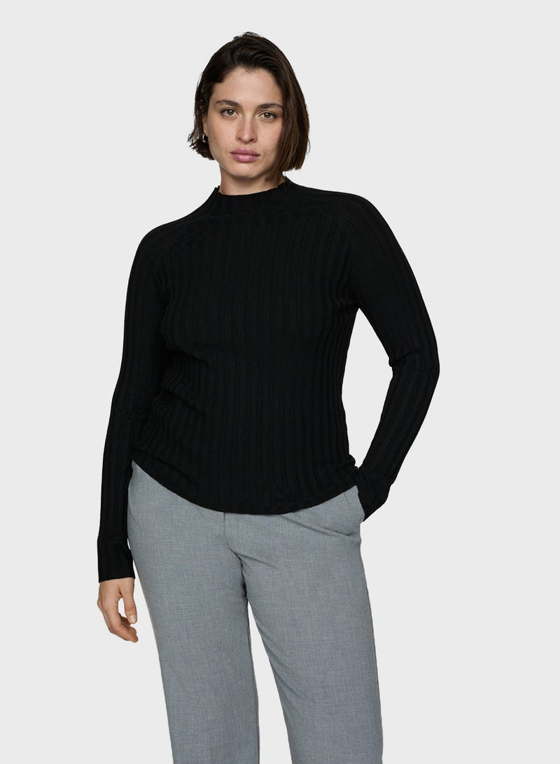 High Collar Ribbed Knit Sweater