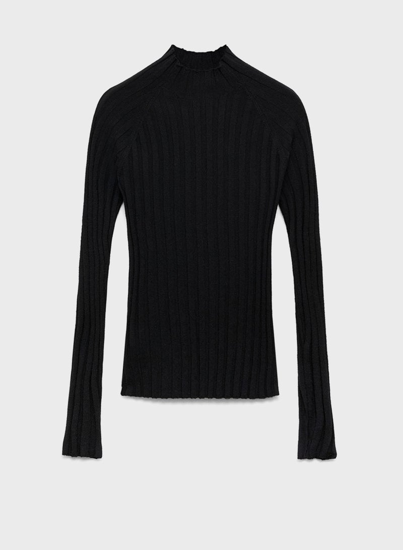 High Collar Ribbed Knit Sweater