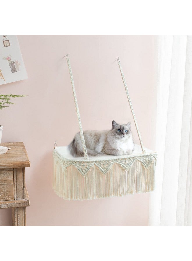 Macrame Cat Window Perch Boho Cat Hammock Wall Mounted Pet Resting Seat Bed For Indoor Cats Safety Space Saving Kitty Swing Shelf With Tassel Holds Up To 45 Lbs With Screw Suction Cups, Gift