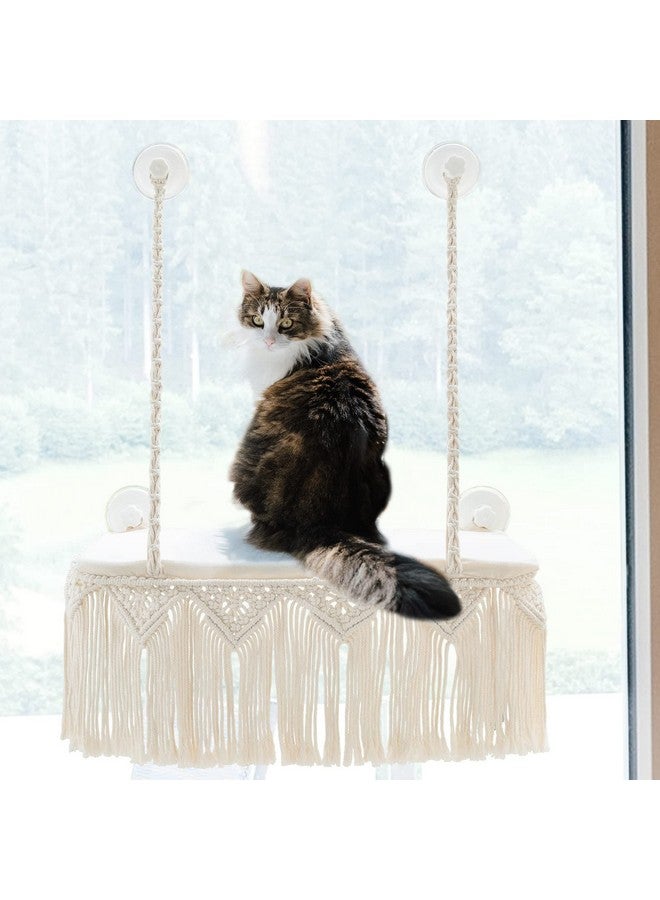 Macrame Cat Window Perch Boho Cat Hammock Wall Mounted Pet Resting Seat Bed For Indoor Cats Safety Space Saving Kitty Swing Shelf With Tassel Holds Up To 45 Lbs With Screw Suction Cups, Gift