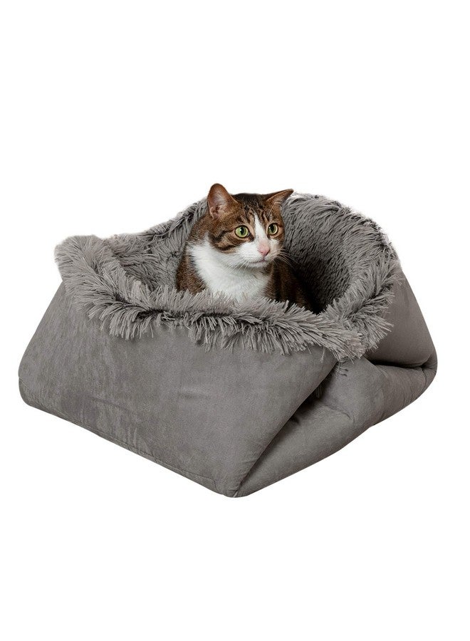 SelfWarming Cat Bed For Indoor Cats, 4BedsIn1 & Washable  Plush Long Faux Fur Convertible Cuddler  Gray, Large, 35.5