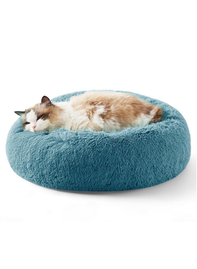 Calming Cat Beds For Indoor Cats  Small Cat Bed Washable 20 Inches, AntiSlip Round Fluffy Plush Faux Fur Pet Bed, Fits Up To 15 Lbs Pets, Washed Blue