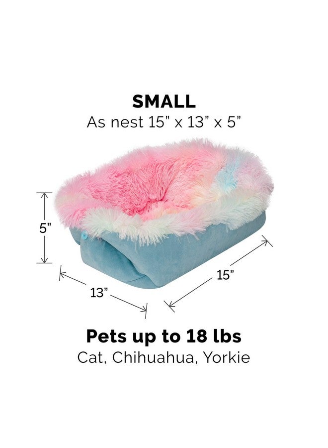 SelfWarming Cat Bed For Indoor Cats, 4BedsIn1 & Washable  Plush Long Faux Fur Convertible Cuddler  Rainbow, Small