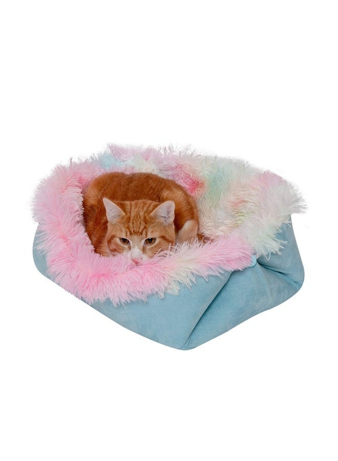 SelfWarming Cat Bed For Indoor Cats, 4BedsIn1 & Washable  Plush Long Faux Fur Convertible Cuddler  Rainbow, Small