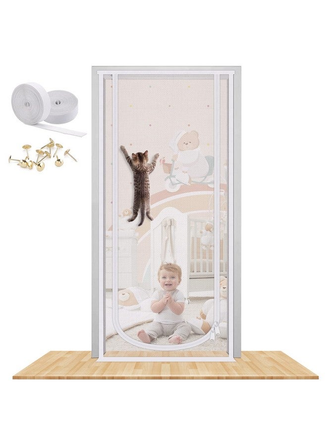 Reinforced Cat Screen Door, 35.5X82” Heavy Duty Pets Proof Screen Door With Bilateral Zipper, Prevent Dogs Cats Running Out From Home, Bedroom, Living Room, Kitchen Patio Doo