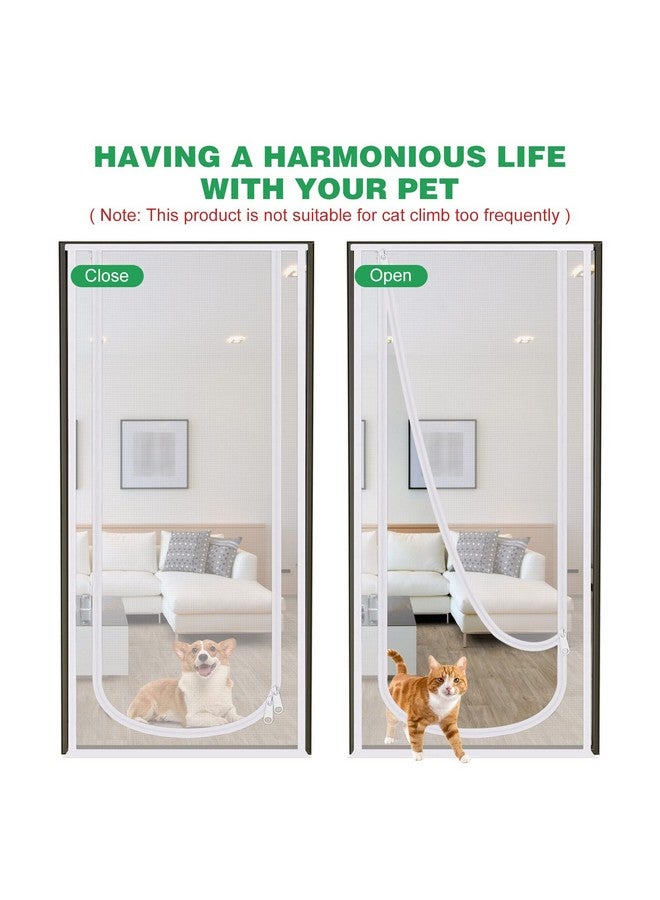 Reinforced Cat Screen Door, 35.5X82” Heavy Duty Pets Proof Screen Door With Bilateral Zipper, Prevent Dogs Cats Running Out From Home, Bedroom, Living Room, Kitchen Patio Doo