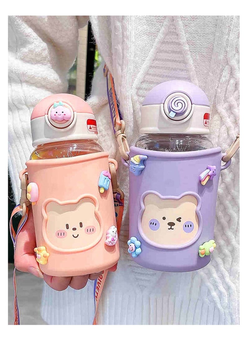 Kawaii Water Bottle for Girls Cute Water Bottles with Straw, Portable Leakproof Kawaii Bear Water Bottle with Adjustable Strap and Sleeve - for School Outdoor Sports Travel, BPA-Free, 24oz (Purple)