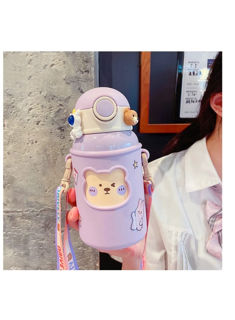 Kawaii Water Bottle for Girls Cute Water Bottles with Straw, Portable Leakproof Kawaii Bear Water Bottle with Adjustable Strap and Sleeve - for School Outdoor Sports Travel, BPA-Free, 24oz (Purple)